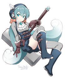  1girl absurdres agonasubi aqua_eyes aqua_hair belt blue_boots blue_dress blue_hood boots brown_gloves character_name commentary compass crystal dress fake_horns full_body fur-trimmed_gloves fur_trim gloves grey_shirt grey_thighhighs hammer hatsune_miku headphones highres hikimayu hood horned_hood horns invisible_chair jewelry knee_boots long_hair neckerchief ribbed_shirt ribbed_thighhighs shirt simple_background sitting skindentation smile solo thigh-highs twintails v v-shaped_eyebrows very_long_hair vocaloid waist_bag war_hammer wavy_hair weapon white_background white_neckerchief wrist_compass yuki_miku yuki_miku_(2025)_(candidate_no.2) 