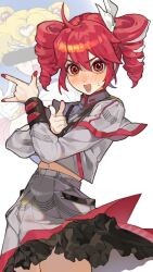 1girl bar_censor benkeinazuna bishoujo_senshi_sailor_moon black_sleeves buttons censored censored_identity double-breasted drill_hair grey_jacket highres jacket kasane_teto kasane_teto_(sv) musical_staff musical_staff_print pointless_censoring red_hair red_trim reference_inset ribbon sailor_moon sailor_moon_pose shoulder_belt shoulder_boards striped_clothes striped_jacket synthesizer_v twin_drills twintails utau white_ribbon