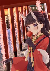  1girl azur_lane black_gloves brown_hair candy_apple commentary_request feather_boa flower food gloves hair_ornament hairclip hairpin highres holding holding_candy_apple holding_food horns japanese_clothes kimono long_hair long_sleeves looking_at_viewer multiple_torii noshiro_(azur_lane) noshiro_(uncharted_festival_grounds?)_(azur_lane) official_alternate_costume pink_flower red_kimono shaketarako skin-covered_horns solo torii very_long_hair violet_eyes wide_sleeves x_hair_ornament 