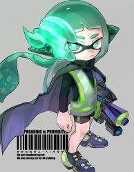  1girl absurdres agent_3_(splatoon) bike_shorts black_cape black_shoes black_shorts cape commentary_request fegrqzf floating_hair green_eyes green_hair green_pupils grey_background gun headgear high-visibility_clothing high-visibility_vest highres holding holding_gun holding_weapon inkling long_hair parasite shoes shorts simple_background solo splatoon_(series) splatoon_2 splatoon_2:_octo_expansion standing tentacle_hair watermark weapon weapon_request 