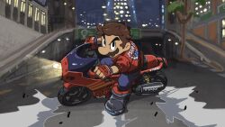  1boy akira_slide black_boots blue_pants boots brown_hair building clothing_cutout commentary_request denim facial_hair fingerless_gloves glove_cutout gloves jacket jeans male_focus mario mario_(touring) mario_kart mario_kart_world motor_vehicle motorcycle mustache official_alternate_costume on_motorcycle outdoors overpass pants red_gloves red_jacket short_hair solo super_mario_bros. tree yamari_(ya_mari_6363) 
