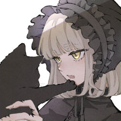  1girl animal black_bonnet black_capelet black_cat black_shirt blonde_hair blunt_bangs bonnet capelet cat chin_strap commentary fang fingernails frilled_bonnet frills gothic_lolita highres holding holding_animal holding_cat lolita_fashion looking_at_animal medium_hair open_mouth original portrait shirt simple_background skin_fang solo symbol-only_commentary tamaco_3 thick_eyebrows white_background yellow_eyes 