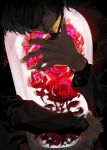  1boy bacchus_lpiii bad_source beard black_hair black_jacket closed_mouth eyelashes facial_hair fingernails flower hair_over_one_eye hand_hair highres jacket jigen_daisuke large_hands long_sleeves lupin_iii male_focus mature_male red_eyes red_flower red_rose rose serious solo 