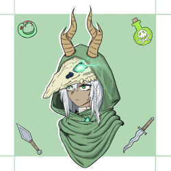  1girl absurdres alxen animal_skull bandages braid chinese_commentary cloak commentary_request dagger dark-skinned_female dark_skin glowing glowing_eye green_background green_cloak green_eyes highres knife simple_background skull_and_crossbones skull_on_head slay_the_spire snake solo the_silent_(slay_the_spire) weapon white_hair 