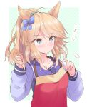  1girl alternate_hairstyle animal_ears apron blonde_hair blue_background blue_eyes blush border bow closed_mouth commentary_request ear_bow gold_city_(umamusume) highres horse_ears horse_girl long_hair long_sleeves looking_at_viewer one-hour_drawing_challenge ponytail purple_bow purple_serafuku purple_shirt red_apron sailor_collar school_uniform serafuku shirt shizuna_kaede simple_background solo tracen_school_uniform umamusume upper_body white_border winter_uniform 
