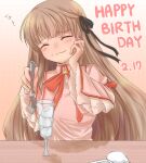  1girl 2019 :3 ^_^ black_ribbon blunt_bangs blush closed_eyes closed_mouth commentary_request crown dated_commentary eating food food_on_face frilled_sleeves frills gradient_background hair_ribbon hand_on_own_cheek hand_on_own_face hands_up happy happy_birthday holding holding_spoon juliet_sleeves kazamatsuri_institute_high_school_uniform light_brown_hair long_hair long_sleeves mini_crown neck_ribbon parfait pink_background puffy_sleeves red_ribbon rewrite ribbon sakura_emi school_uniform senri_akane simple_background smile solo spoon straight_hair upper_body very_long_hair white_background wide_sleeves 