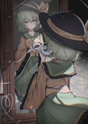  1girl absurdres black_hat blush bow dfra frills green_eyes green_hair green_skirt hat hat_ribbon heart heart_of_string highres komeiji_koishi long_sleeves looking_at_mirror looking_at_viewer mirror open_mouth ribbon shirt short_hair skirt smile solo third_eye touhou wide_sleeves yellow_shirt 