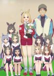  1boy 6+girls :d ^_^ animal_ears blonde_hair blue_eyes brown_eyes brown_hair child closed_eyes dark-skinned_female dark_skin ear_covers ear_ornament facing_viewer gloves green_hair grey_eyes grey_hair gym_uniform highres holding_trophy horse_ears horse_girl horse_tail jacket long_hair low_twintails medal medium_hair momose_sumomo multicolored_hair multiple_girls narita_top_road_(umamusume) okita_trainer pants raglan_sleeves red_jacket red_pants red_track_suit reflection shirt shoes short_hair shorts single_ear_cover sitting smile sneakers streaked_hair tail tracen_training_uniform track_jacket track_pants trainer_(umamusume) twintails umamusume umamusume:_road_to_the_top v white_footwear white_gloves white_hair white_jacket 