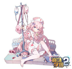  1girl apron bandages bandaid bandaid_on_face bed benghuai_xueyuan blue_eyes bow cross dress first_aid frills full_body hair_bow hat holding honkai_(series) hospital_bed intravenous_drip long_hair long_sleeves looking_at_viewer nurse nurse_cap pantyhose pill pink_dress pink_hair red_cross rie_kurenai_(benghuai_xueyuan) shoes simple_background single_shoe sitting solo syringe torn_clothes torn_pantyhose two_side_up unworn_shoes very_long_hair white_background white_pantyhose zhenming 