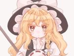  :t black_headwear black_vest blonde_hair bow broom frilled_hat frills hair_bow hakurei_reimu hand_on_another&#039;s_chin hat holding holding_broom kirisame_marisa light_blush long_sleeves nagomi puffy_short_sleeves puffy_sleeves short_sleeves touhou vest white_bow white_sleeves white_undershirt witch_hat yellow_eyes 