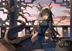  1girl agari_raburi alternate_costume alternate_hairstyle antlers arm_support bare_shoulders black_hair black_thighhighs blue_dress branch breasts china_dress chinese_clothes clouds dragon_girl dragon_horns dragon_tail dress eastern_dragon_horns eastern_dragon_tail full_body green_dress hair_between_eyes hand_fan holding holding_fan horns indoors long_hair looking_at_viewer medium_breasts no_shoes open_mouth pelvic_curtain project-sp sitting sleeveless sleeveless_dress solo tail thigh-highs thighs tuanshan very_long_hair yokozuwari zhenming 