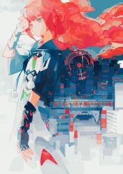  1girl abstract absurdres blue_eyes blue_gloves blue_jacket cityscape double_bun fagun_yibei ferris_wheel fingerless_gloves gloves hair_bun hand_up highres hood hood_down hooded_jacket jacket kaf_(kamitsubaki_studio) kamitsubaki_studio multicolored_jacket pink_hair pom_pom_(clothes) short_sleeves solo white_jacket yellow_pupils 