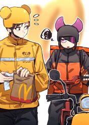  2girls asymmetrical_bangs bicycle chun-li curious flying_sweatdrops hair_over_one_eye han_juri helmet highres jacket looking_at_another mcdonald&#039;s multicolored_hair multiple_girls purple_streaks spoken_squiggle squiggle streaked_hair street_fighter street_fighter_6 tongue tongue_out yumi_xsh 