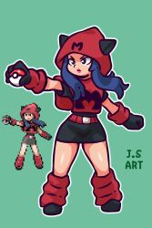  blue_hair dress highres jsart12 legs miniskirt pixel_art poke_ball pokemon pokemon_(anime) pokemon_emerald pokemon_rse red_dress skirt team_magma 