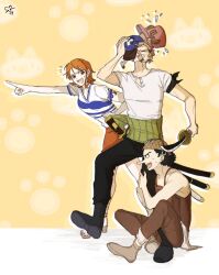  1girl 3boys antlers black_hair black_pants brown_overalls commentary_request flying_sweatdrops from_side full_body green_hair haramaki hat highres holding holding_sword holding_weapon horns hugging_another's_leg katana korean_commentary long_nose multiple_boys nami_(one_piece) on_head one_piece orange_hair orange_skirt overalls pants pink_hat pointing pointing_forward reindeer_antlers reindeer_boy roronoa_zoro sandals shirt short_hair short_sleeves skirt straw_hat_pirates sword tony_tony_chopper ttoottoo usopp weapon white_shirt 