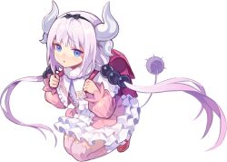  1girl artist_name artist_request backpack bag black_bow black_hairband blouse blue_eyes blue_pupils blunt_bangs bow bow_hairband buttons capelet center_frills child dragon_girl dragon_horns eyelashes floating_hair frilled_capelet frills full_body fur_collar hair_ornament hairband horns kanna_kamui kobayashi-san_chi_no_maidragon layered_skirt legs_together lolita_fashion long_hair long_sleeves low-tied_long_hair mary_janes nexon official_art open_mouth parted_lips pink_bag pink_shirt pink_shoes pink_sleeves pink_thighhighs puffy_long_sleeves puffy_sleeves purple_hair purple_tail randoseru second-party_source shirt shoes simple_background skirt solo sphere_hair_ornament tales_weaver thigh-highs transparent_background twintails two-tone_thighhighs white_capelet white_horns white_skirt white_thighhighs 