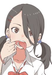  1girl absurdres black_hair bow bowtie bracelet brown_eyes collarbone collared_shirt hair_between_eyes hair_ornament hair_over_one_eye hairclip hand_up highres jewelry looking_at_viewer low_twintails mouth_pull nostrils open_collar open_mouth original pale_color portrait red_bow red_bowtie shirt short_sleeves side_part simple_background solo straight-on teeth tongue tongue_out twintails white_background white_shirt wing_collar x_hair_ornament yamamoto_souichirou 