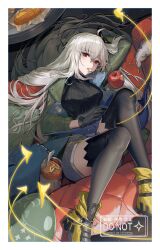  1girl apple arknights bitten_apple fish food food_bite fruit geta_(epicure_no12) grey_hair highres long_hair red_eyes shorts sitting skadi_(arknights) solo stuffed_animal stuffed_orca stuffed_shark stuffed_swordfish stuffed_toy swordfish thighs 