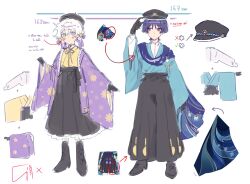  1boy 1girl ahoge alternate_costume arm_at_side artist_self-insert beret black_boots black_gloves black_hakama black_hat black_shoes blue_eyes blue_kimono blue_shawl blue_sleeves blush boots braid braided_bangs closed_mouth couple english_text eyeliner eyeshadow feathers floral_print floral_print_kimono genshin_impact gloves hair_between_eyes hakama hand_up haori hat height_chart height_difference hetero highres japanese_clothes kimono lace-up_boots layered_sleeves long_sleeves looking_at_another looking_at_viewer makeup mandarin_collar oc_x_canon original peaked_cap pom_pom_(clothes) print_kimono purple_hair purple_haori red_eyeliner red_eyeshadow ribbon scaramouche_(genshin_impact) shawl shirt shoes short_sleeves tareme tsurime undershirt violet_eyes white_hair white_ribbon white_shirt white_sleeves white_trim wide_sleeves yellow_feathers yellow_kimono yunhhj 
