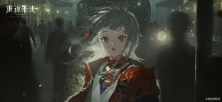  1girl backlighting black_coat cloak coat copyright_name copyright_notice fang grey_hair highres jacket locomotive logo looking_at_viewer medium_hair motion_blur night night_sky official_art official_wallpaper open_mouth people quad_braids red_cloak red_eyes reverse:1999 rubuska skin_fang sky snowing solo_focus steam_locomotive train train_station upper_body white_jacket 
