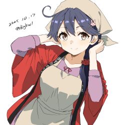  1girl absurdres ahoge apron bandana bigkwl black_hair brown_eyes dated grey_apron grey_bandana hair_over_shoulder highres kantai_collection long_hair official_alternate_costume one-hour_drawing_challenge one_eye_closed purple_shirt red_happi shirt simple_background solo twitter_username upper_body ushio_(autumn_2018)_(kancolle) ushio_(kancolle) white_background 