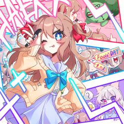  &gt;_&lt; 1girl 3girls ? animal_ears annytf arm_up blue_bow blue_bowtie blue_eyes blue_sailor_collar blue_skirt bow bowtie brown_hair cardigan closed_mouth commentary_request doll dress_shirt evil_neuro-sama fox_ears fox_girl hair_between_eyes hair_ornament hair_ribbon heart heart_hair_ornament heterochromia highres holding holding_marker indie_virtual_youtuber long_hair marker multicolored_hair multiple_girls neuro-sama one_eye_closed pink_eyes pink_hair red_ribbon ribbon sailor_collar shirt skirt speech_bubble star_(symbol) streaked_hair tongue two_side_up user_hmyv8473 vedal987 vedal_ai violet_eyes virtual_youtuber white_hair white_shirt yellow_cardigan 