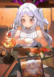  +_+ 1girl 1other :t absurdres ayu_(user_xkhp7843) blue_archive blush bowl breasts cellphone cellphone_photo cherry closed_mouth commentary eating food fruit happy highres hina_(blue_archive) holding holding_bowl holding_phone holding_spoon ice_cream indoors long_hair looking_at_food parted_bangs phone pov_across_table shirt sitting small_breasts smartphone solo_focus spoon sushi table tray upper_body viewer_holding_phone violet_eyes white_shirt 