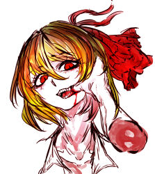  1girl blonde_hair blood blood_from_mouth blood_on_neck blood_on_teeth collared_shirt disembodied_hand hair_between_eyes hair_ribbon highres kyanduru looking_at_viewer mouth_pull open_mouth red_eyes red_ribbon ribbon rumia sharp_teeth shirt simple_background slit_pupils solo teeth touhou white_background 