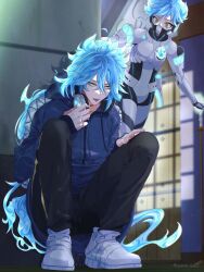  2boys black_pants blue_fire blue_hair blue_jacket blurry blurry_background bodysuit brothers fiery_hair fire hair_between_eyes headphones headphones_around_neck highres hood hood_down idia_shroud jacket light_particles lipstick looking_at_another makeup male_focus mask mouth_mask multiple_boys ortho_shroud pants siblings squatting twisted_wonderland washiko_(rasuko) yellow_eyes 