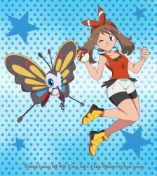  1girl beautifly bike_shorts bike_shorts_under_shorts black_shorts blue_background blue_eyes bow brown_hair colored_sclera fanny_pack hairband highres holding holding_poke_ball may_(pokemon) miyuki_tsukiyono one_eye_closed poke_ball pokemon pokemon_(anime) pokemon_(creature) pokemon_oras red_hairband red_shirt red_tank_top shirt shoes short_hair shorts sleeveless sleeveless_shirt smile tank_top white_shorts yellow_sclera yellow_shoes 