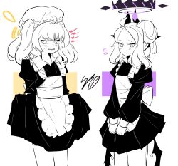  2girls ahoge alternate_costume apron bare_legs black_dress blue_archive blush clenched_hand collared_shirt cowboy_shot demon_horns demon_wings dress flying_sweatdrops frilled_apron frilled_dress frills greyscale hair_bun halo headscarf highres hina_(blue_archive) horns lifting_own_clothes looking_at_viewer low_wings maid maid_apron medium_hair monochrome multiple_girls owlweeb puffy_sleeves ribbon shirt side_ponytail sidelocks signature single_hair_bun standing sweat sweatdrop wavy_mouth white_apron white_background white_hair white_headscarf white_shirt wings yoshimi_(blue_archive) 