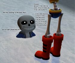  2020 2boys 3d armor blue_jacket blue_shorts comic_sans commentary digital_media duo english_commentary english_text garry's_mod_(medium) grey_hood hollow_eyes hood hood_down hooded_jacket humanoid jacket lower_body male male_focus male_only monster monster_boy multiple_boys myiggywanna open_clothes open_jacket outdoors paint.net_(medium) papyrus_(font) papyrus_(undertale) sans_(undertale) shirt shorts skeleton standing stuck stuck_in_ground teeth text undead undertale upper_body utdr_(toby_fox) white_armor white_shirt 