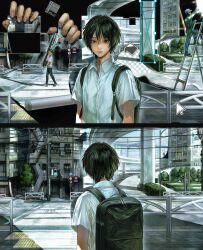  3boys absurdres bag black_eyes black_hair building buttons character_request closed_mouth collared_shirt copyright_request crosswalk cursor day expressionless fingernails highres ikuta41 ladder lips looking_at_viewer male_focus multiple_boys outdoors road road_sign school_bag shirt short_sleeves sign street sunlight upper_body white_shirt 