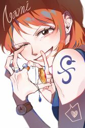 1girl bare_shoulders blue_shirt bracelet brown_eyes character_name coin commentary_request eyelashes finger_to_mouth from_side gold_coin grin hair_behind_ear heart highres holding holding_coin holding_jewelry holding_necklace index_finger_raised jewelry jiigree korean_commentary log_pose looking_at_viewer looking_to_the_side multiple_rings nami_(one_piece) necklace one_eye_closed one_piece orange_hair parted_lips ring shirt short_hair shoulder_tattoo shushing single_sidelock sleeveless sleeveless_shirt smile solo spoken_heart tattoo twitter_username upper_body white_background 