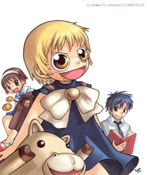  1girl 2boys animal aqua_bow aqua_bowtie archived_source artist_name backpack bag blonde_hair blue_dress blue_hair blue_necktie blue_sky book bow bowtie brooch brown_eyes brown_hair collared_dress collared_shirt commentary_request cowboy_shot dated_commentary dress english_text gash_bell hairband jewelry konjiki_no_gash!! korean_commentary lowres mizuno_suzume multiple_boys necktie newtype official_art open_book partially_shaded_face pleated_skirt sailor_collar shirt short_sleeves sign simple_background skirt sky takamine_kiyomaro tiv turtleneck turtleneck_dress white_background white_bow white_bowtie white_hairband white_sailor_collar white_shirt white_sleeves wing_collar yellow_eyes 