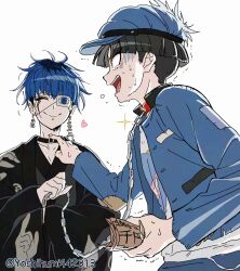  2boys animal_collar belt_collar black_hair black_haori black_roots blue_hair blue_jacket blunt_bangs closed_eyes collar commentary earrings face_piercing grin haori heart highres holding holding_leash holding_money jacket japanese_clothes jewelry leash lip_piercing looking_at_another male_focus maruko_gaku mismatched_earrings money multiple_boys omokage_yugamu patch piercing pointing pointing_at_another pointy_ears print_shirt red_eyes scar scar_across_eye scar_on_face shirt smile sweat the_hundred_line_-last_defense_academy- trembling twitter_username undercut v-bangs yoshihumi442313 