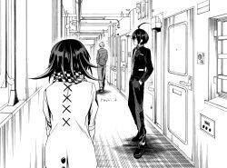  3boys ahoge amami_rantaro artist_name buttons checkered_clothes checkered_scarf collared_jacket commentary_request cross-laced_clothes cross-laced_top danganronpa_(series) danganronpa_v3:_killing_harmony door flipped_hair from_behind greyscale hair_between_eyes hallway hands_in_pockets indoors jacket kinashi_runamu long_sleeves male_focus medium_hair monochrome multiple_boys oma_kokichi pants saihara_shuichi scarf shirt short_hair standing striped_clothes striped_shirt two-tone_scarf walking 