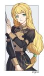  1girl absurdres black_jacket black_skirt blonde_hair blunt_bangs commentary commission cowboy_shot english_commentary fire_emblem fire_emblem:_three_houses garreg_mach_monastery_uniform green_eyes highres ingrid_brandl_galatea jacket juliet_sleeves long_hair long_sleeves looking_at_viewer pixiv_commission puffy_sleeves silvercandy_gum skirt skirt_set smile solo standing very_long_hair 