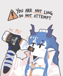  1girl alcohol arknights blue_hair blue_horns blush bottle character_name dragon_girl dragon_horns drinking earrings english_text glass_bottle grey_background highres holding holding_bottle horns jewelry ling_(arknights) long_hair long_sleeves necktie no_pupils pointy_ears sign simple_background solo tassel tassel_earrings thatpebble upper_body warning_sign yellow_necktie 