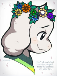  1boy asriel_dreemurr blue_flower bright_pupils closed_mouth commentary english_commentary english_text fang flower from_side furry furry_male green_flower head_wreath highres orange_flower purple_flower simple_background skin_fang solo undertale utdr_(toby_fox) white_background white_pupils woofzilla yellow_flower 