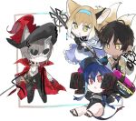  2boys 2girls animal_ears arknights bare_shoulders baseball_cap black_gloves black_hair black_headwear black_pants blonde_hair blue_hair cat_boy cat_ears ch&#039;en_(arknights) ch&#039;en_the_holungday_(arknights) chibi cloak closed_mouth clothing_cutout commentary_request dark-skinned_male dark_skin dragon_girl dragon_horns dragon_tail dress earpiece eyewear_on_headwear fox_ears fox_girl fox_tail gloves green_eyes grey_hair hair_between_eyes hat highres holding holding_staff horns jacket kitsune kyuubi long_hair long_sleeves multiple_boys multiple_girls multiple_tails open_mouth oripathy_lesion_(arknights) pants phantom_(arknights) phantom_(focus)_(arknights) purple_dress red_cloak red_eyes shirt short_hair shoulder_cutout single_glove staff suzuran_(arknights) tail thorns_(arknights) white_headwear white_jacket white_shirt yakota_(usuk-yako) yellow_eyes 