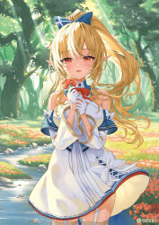  1girl :d blonde_hair bow bow_skirt bowtie breasts commentary_request copyright_name cowboy_shot criss-cross_halter day detached_collar detached_sleeves elf flower garter_straps genjitsu_pirika gloves hair_bow half_gloves halter_shirt halterneck hands_up high_ponytail holding holding_flower hololive large_breasts long_hair multicolored_hair official_art open_mouth outdoors pointy_ears ponytail red_bow red_bowtie shiranui_flare shiranui_flare_(1st_costume) shirt sidelocks skirt skirt_set smile solo straight-on streaked_hair thigh-highs virtual_youtuber white_garter_straps white_gloves white_shirt white_skirt white_sleeves white_thighhighs wide_sleeves 