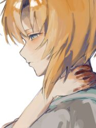  1girl aqua_sailor_collar blood blue_eyes closed_mouth commentary highres higurashi_no_naku_koro_ni orange_hair rei_0_000 ryuuguu_rena sad sailor_collar school_uniform short_hair simple_background solo 