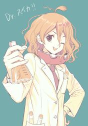  blonde_hair brown_eyes curly_hair dr._stone food fruit green_background holding long_hair long_sleeves necktie one_eye_closed open_mouth red_necktie scientist simple_background smile suika_(dr.stone) ta_ra_mo watermelon 