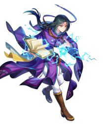  1boy attack black_hair book energy_ball facial_mark fire_emblem fire_emblem:_path_of_radiance forehead_mark highres lightning long_hair non-web_source official_alternate_costume official_art ponytail purple_robe robe solo soren_(fire_emblem) soren_(isolated_strategist)_(fire_emblem) v-shaped_eyebrows 