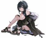  1girl arknights black_eyes black_hair feet fingerless_gloves full_body fur-trimmed_jacket fur_trim gloves hair_ornament hairclip jacket knees_up la_pluma_(arknights) legs looking_at_viewer nogi_lace sandals shirt shorts simple_background sitting solo toenails toes white_background 