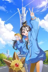  1girl bird black_hair blue_hoodie blue_sky blush building clouds coletta_(colet_colettia) cube_hair_ornament food grey_eyes hair_ornament highres holding holding_food hood hood_down hoodie leggings lida_(pokemon) long_hair long_sleeves looking_at_viewer lumiose_city open_mouth orange_leggings outdoors pokemon pokemon_(creature) pokemon_legends:_z-a prism_tower sandwich shirt sky smile staryu teeth topknot tree two-tone_legwear upper_teeth_only v white_leggings wispy_bangs 