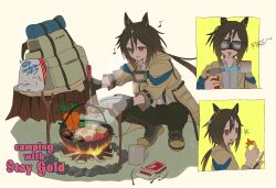  1girl animal_ears backpack bag betti_(xx_betti) blowtorch brown_eyes brown_hair campfire carrot cooking cup ear_covers egg full_body goggles hair_between_eyes highres holding holding_ladle horse_ears horse_girl horse_tail hot hotpot ladle long_hair matches mug multicolored_hair ponytail shirt solo squatting stay_gold_(umamusume) steam streaked_hair tail tree_stump umamusume white_hair 