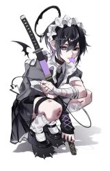  1boy black_choker black_eyes black_hair black_halo black_shirt black_shoes black_skirt choker closed_mouth commentary cursor double-parted_bangs frilled_hairband frills full_body hair_between_eyes hairband halo heterochromia highres kaminoq looking_at_viewer male_focus melting_halo original pleated_skirt shirt shoes short_hair short_sleeves simple_background skirt socks solo spiked_shoes spikes squatting sword thigh_strap violet_eyes weapon white_background white_hairband white_socks 