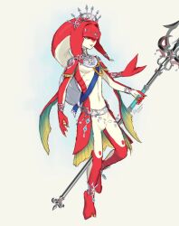  1girl border colored_skin commentary english_commentary fins fish_girl grey_background hair_ornament holding holding_polearm holding_weapon jewelry lilimoon_draws long_hair mipha monster_girl multicolored_skin no_eyebrows open_mouth polearm red_hair red_skin silver_tiara smile solo spear the_legend_of_zelda the_legend_of_zelda:_breath_of_the_wild weapon white_border yellow_eyes zora 